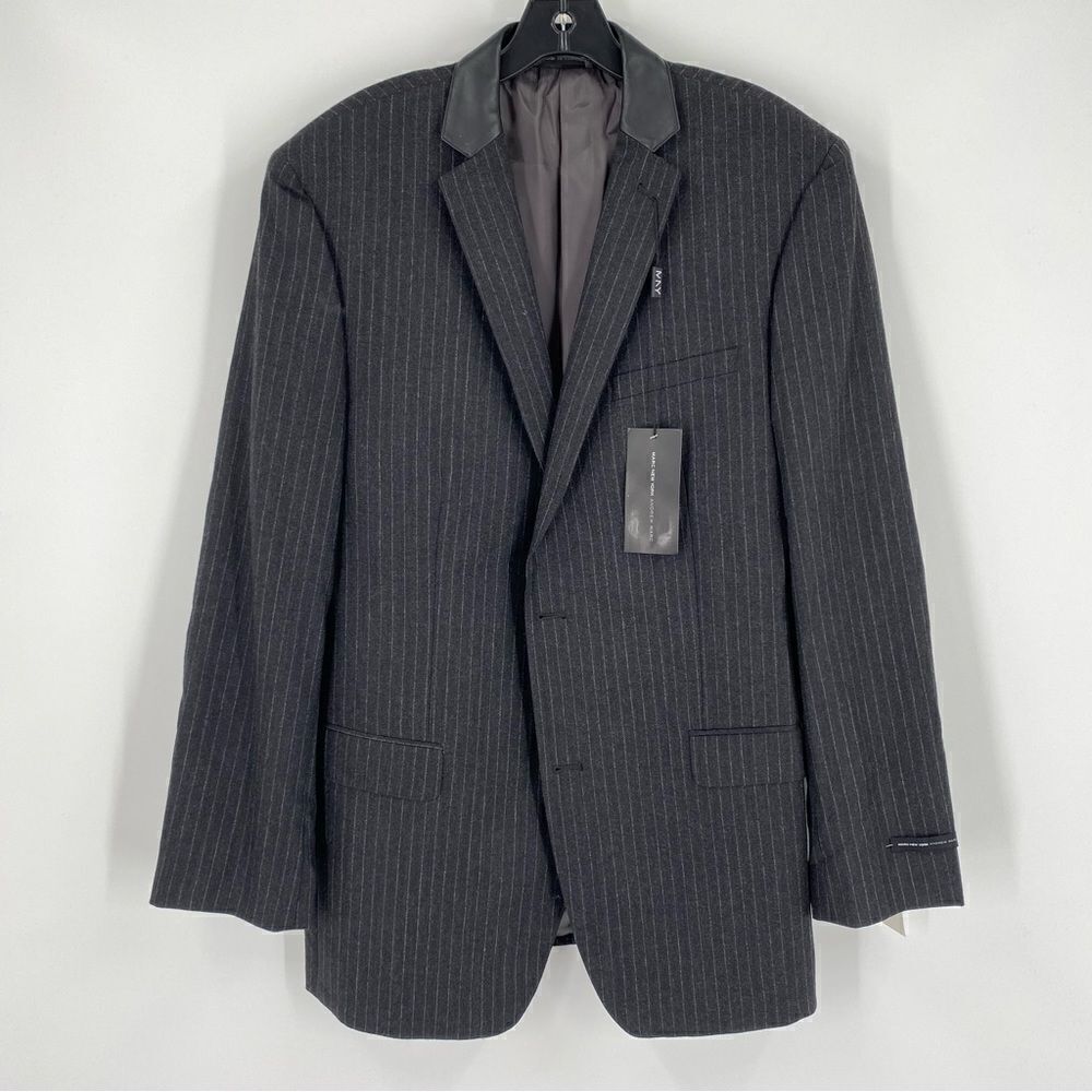 Marc New York Men’s Gray Pin Striped Faux Leather Collard Elbow Patch Blazer 42L